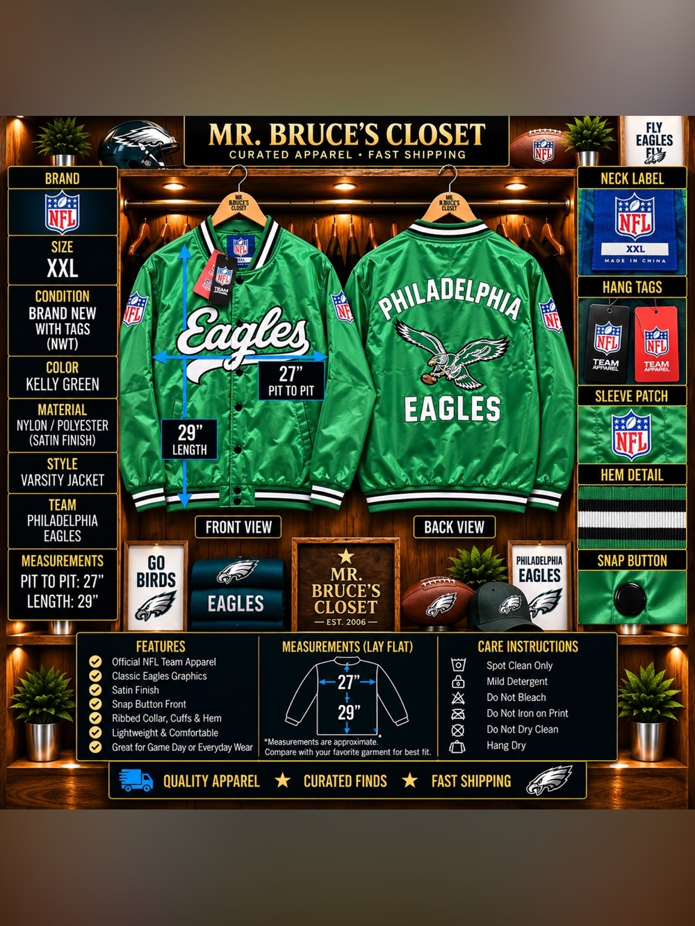 NFL Kelly Green Philadelphia Eagles Satin Varsity Jacket